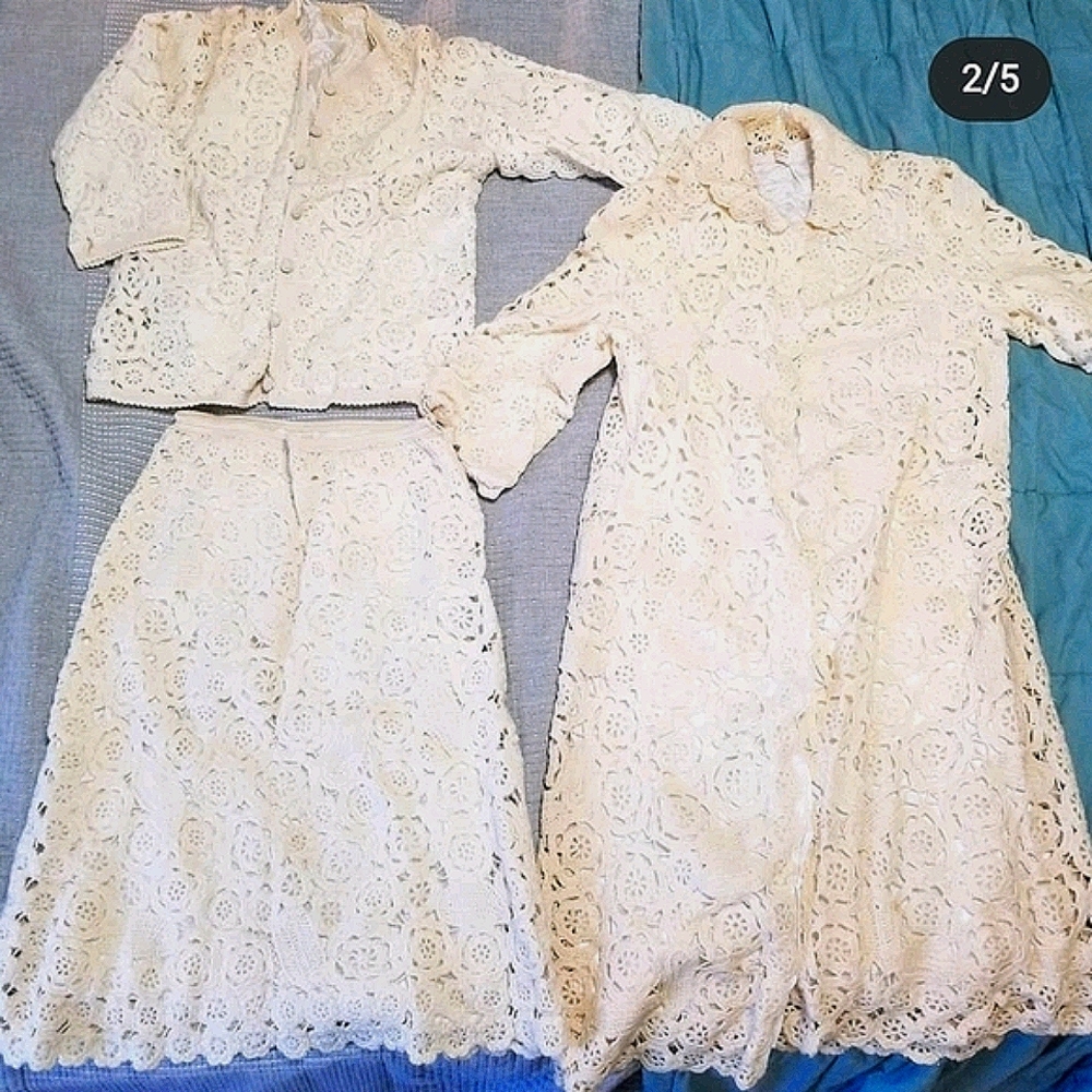 1960s crochet skirt set cardigan top long jacket